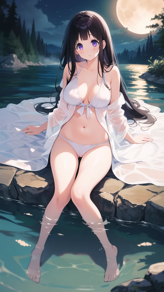 Amazing Chitanda, 只有一个beautiful girl,Purple Eyes, Black Hair, Naturally straight hair, Straight bangs,Extremely refined,open your lips,Face is so red,The skin is very white,big eyes,Long flowing hair,beautiful girl, Like a dream,Slim,Soft, (Sensual), (Kawaii), Dream quality,night,moonlight,Starlight,Bathing in the lake,There was a mist,soaking in water,Completely naked,No clothes,Exposing breasts,Half immerse yourself in water,Water flows through,No pants,Delicate clavicle,Delicate hands and feet,Bare neck,Bare thighs,Exposing the groin,Camel toe,Bare legs,barefoot,extremely shy,Ultra-high resolution, (masterpiece:1.2, best quality), (Delicate and beautiful eyes: 1.2), (Beautiful and delicate face)