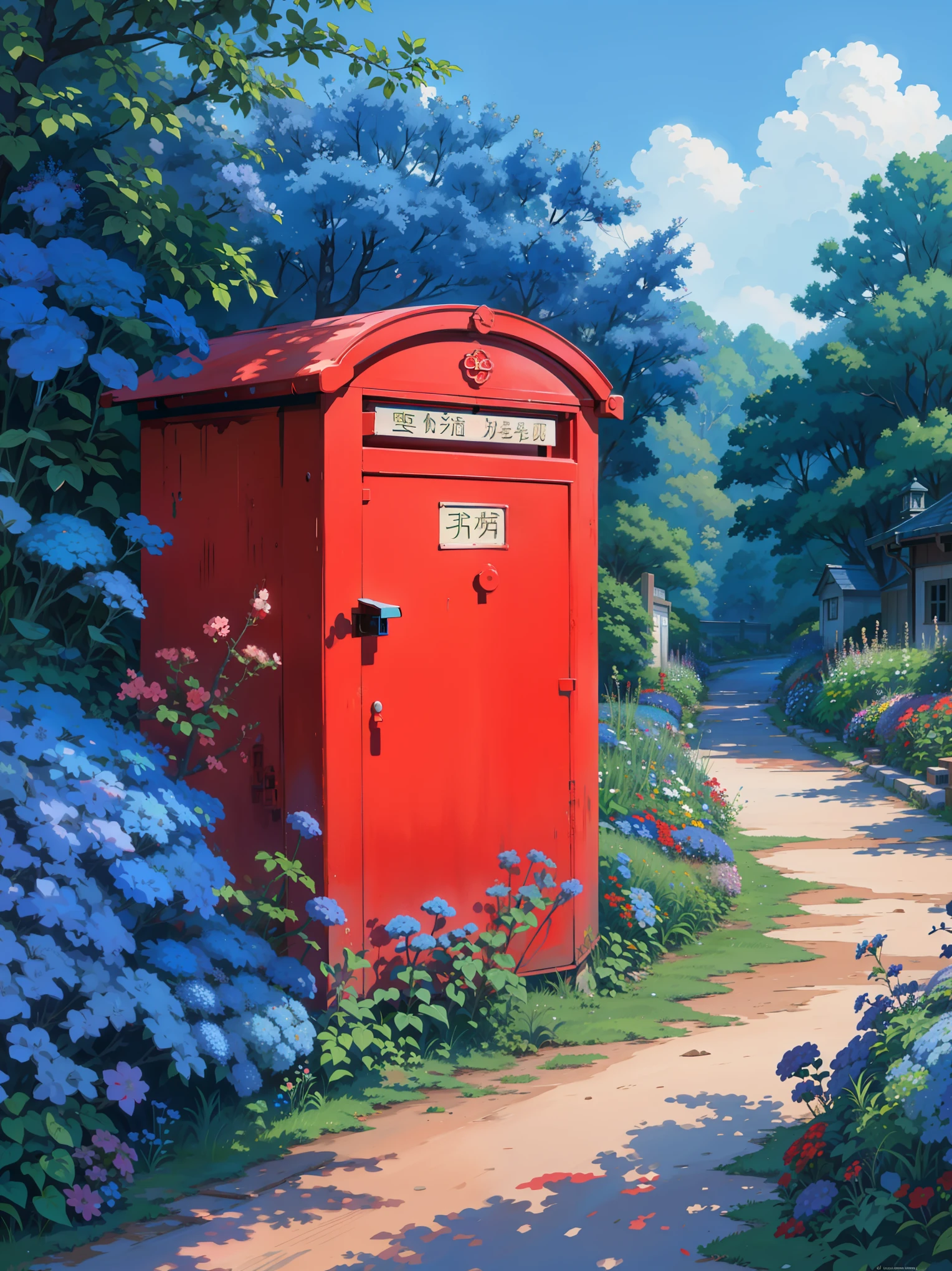 a painting of a red post box roadside surrounded by blue flowers, trees, plants, greenery, multicolored flowers, dirt road, letterbox, ghibli studio art, blue wall, studio ghibli environment, by Shin Yun-bok, hydrangea, postage, wall ], postapo, blue flowers, ghibli studio style, studio ghiblil, phthalo blue, by Kaii Higashiyama, detailed key anime art, illustation, a beautiful artwork illustration, beautiful digital painting, highly detailed digital painting, beautiful digital artwork, detailed painting 4 k, very detailed digital painting, rich picturesque colors, gorgeous digital painting