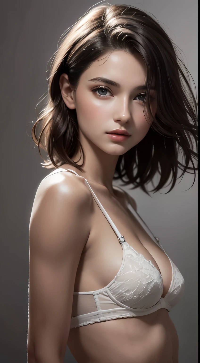 8K uhd、RAWphotograph、モデルphotograph撮影、 European race、(masterpiece、highest quality、Photorealistic、High resolution、photograph:1.3)、Close-up、Focusing、Hot Model、slim、30 year old mature woman、Small face、No makeup、Short Hair、Dark Brown Hair、Fine beautiful eyes、Real Skin、(perfect body)、Sexy hot face、Erotic、Sexual gaze、Detailed beautiful eyes、Glossy lips、Small breasts、Small breasts、Bust B cup、Bright light、Dynamic lighting、realism、Realistic details、Cool beauty、Cool pose、Background gray、Plain grey background