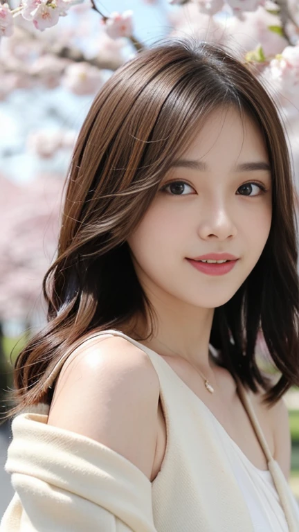 Instagram Photos, girl, Shoulder-length hair, Has light blonde hair, Close-up photo, Take a walk in the cherry blossom park, Japan, Laugh a little,