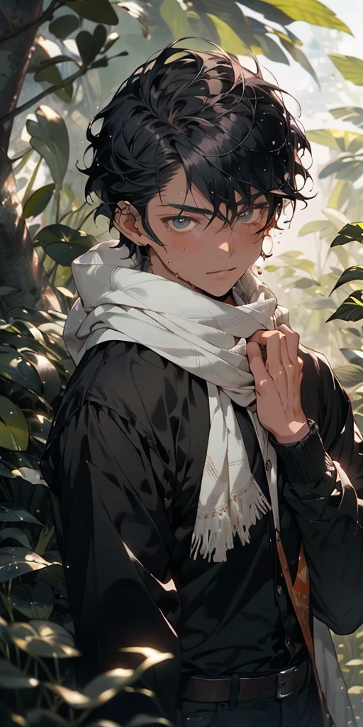 Beautiful close-up((adventurer)),((giant and wet trees)),jungles,oases,realisticlying,(tmasterpiece,top Quority,best qualtiy,offcial art),The is very detailed,Colorful,Most detailed,Kamimei,short detailed hair,Black color hair,(magia),Handsome man,White scarf