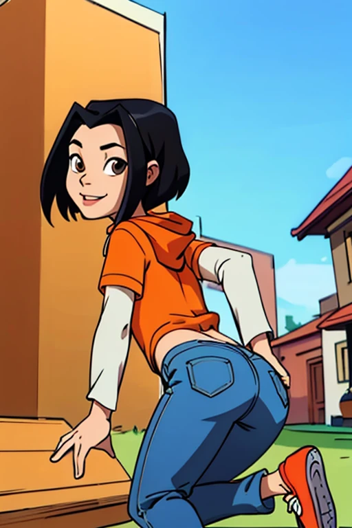 jadechan, short black hair, brown eyes, orange hoodie, short sleeves, white long sleeves, blue jeans pants, Red sneakers, looking at viewer, shy, masterpiece, full length, ass, tilted, happy smiling, flat torso, show naked torso, abs cubes