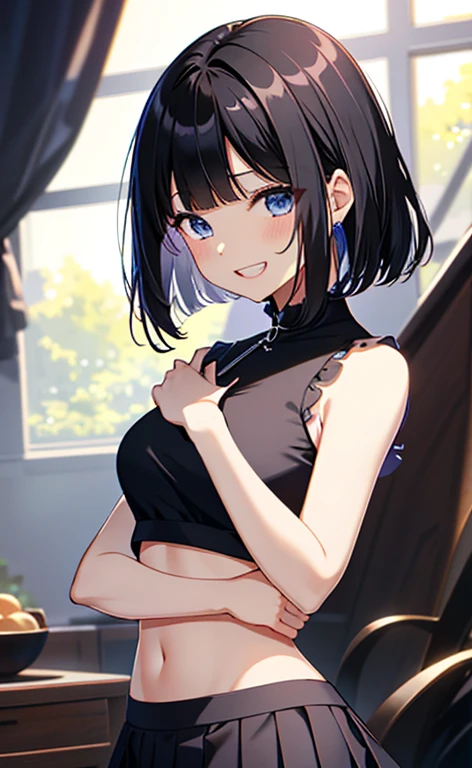 (masterpiece:1.4、top-quality、illustration:1.4,realistic、)、(character focus、breast focus,upper body:1.3)、(1girl),(Open mouth grin:1.3),(half closed eyes),cute face,blue eyes、()、
,(stand:1.4),(Shining smile),
,(slender),(sleeveless white crop top,very short pleated miniskirt:1.3),
(black middle hair:1.6,blunt bangs,),(), (medium breasts:1.3)、
、slender、