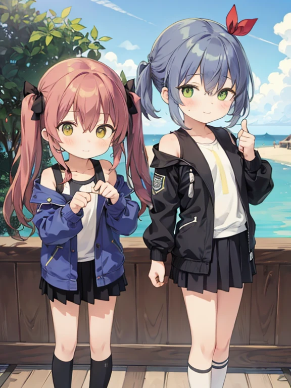 masterpiece, highest quality, Two Girls, Multiple Girls, length_hair, Looking_in_Audience, blush, smile, Are standing, Outdoor, mini skirt, Knee socks, shirt, length_hair, 前hair, black_hair, ribbon, hair_between_eye, just_shoulder, Twin tails, Brown_eye, very_length_hair, Closed_mouth, green_eye, Are standing,