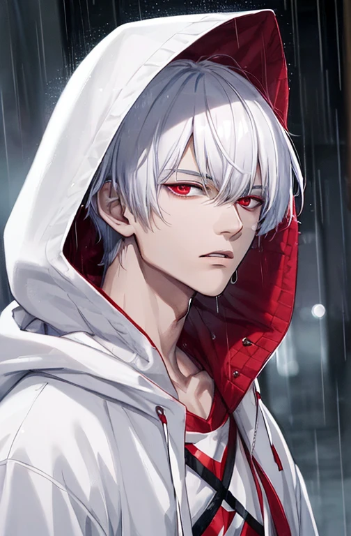 kk, best quality, more details, masterpiece, 1boy, kaneki ken, portrait, male focus, red eyes, solo, bangs, looking at viewer, hood, short hair, rain, tokyo tokyo \(city\),  hood up, nail polish, white hair, luxurious, 8k, detailed, ray tracing, depth of field, cinematic lighting,