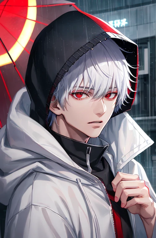 kk, best quality, more details, masterpiece, 1boy, kaneki ken, portrait, male focus, red eyes, solo, bangs, looking at viewer, hood, short hair, rain, tokyo tokyo \(city\), hood up, nail polish, white hair, luxurious, 8k, detailed, ray tracing, depth of field, cinematic lighting,