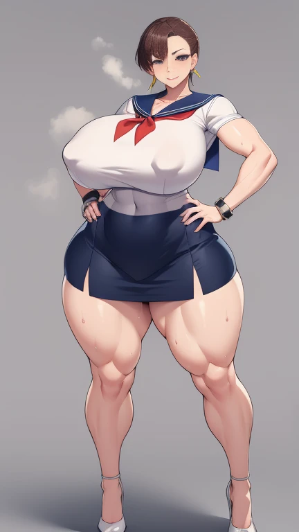 Big Breasts, Big Hips, Full Body Shot, Mature mother, Voluptuous thighs, A cow, Seductive mature woman, Perfect body, Plus Size Model, Sailor suit, Wearing high heels,Miniskirt Uniform,muscle,Sweat