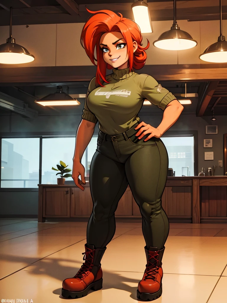 (Muscular:1.6), (thick thighs:1.6),
(long hair:1.3) orange-red hair, green eyes, pale skin,
eyeshadow,
detailed eyes, (big smile:1.6), detailed skin,
(small breasts:1.8),
(black crop top, black gloves, brown belt, long sleeves:1.3), (green cargo pants:1.5),
(upper body view:1.7), looking at viewer, (three quarter view:1.3),
(high tech room), rim lighting, two tone lighting, dimly lit, bokeh