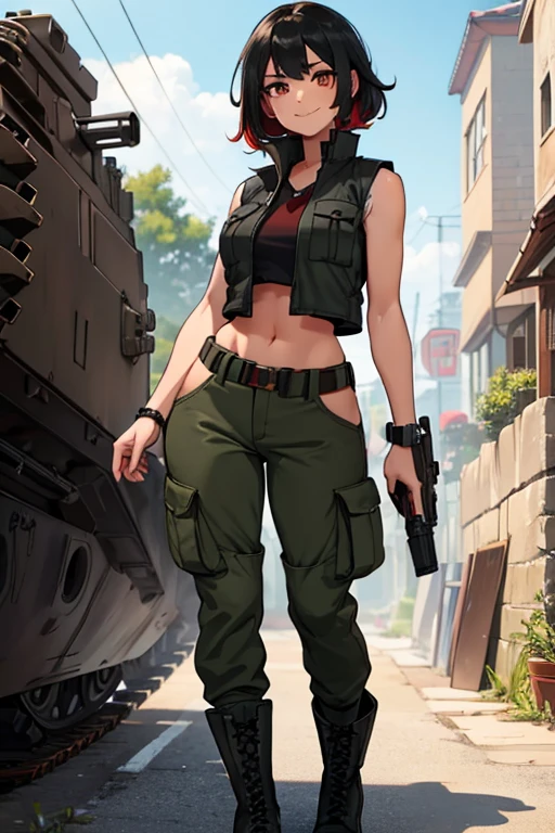 female, black hair with red highlights, hazel eyes, (((1girl))), (((black sleeveless military vest))), (red tank top), (dark green cargo pants), (black combat boots), cute and sexy, full body, large breasts, large butt, long legs, smiling