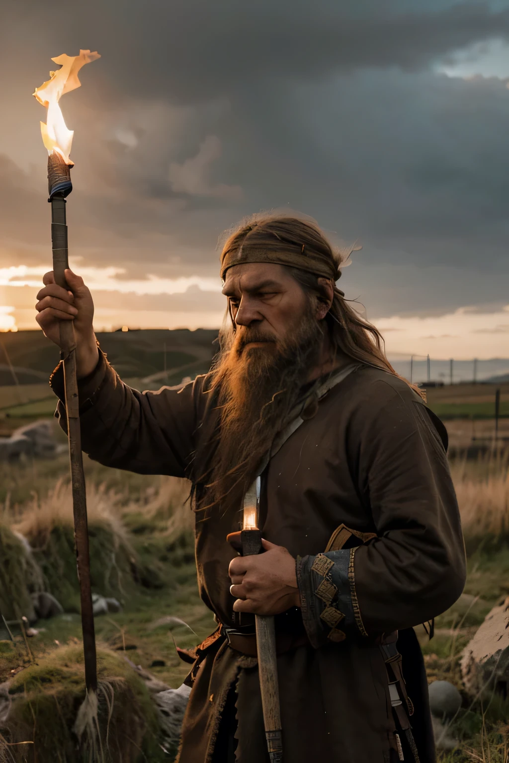 Old man, viking clothes, worn down clothes, unkempt hair, long beard. grass fields, hair covering side of face, angry, enraged, flaming torch, holding up torch, concrete wall behind him