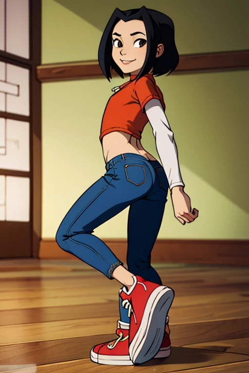 jadechan, short black hair, brown eyes, blue jeans pants, Red sneakers, looking at viewer, shy, masterpiece, full length, ass, tilted, happy smiling, flat torso, Abdominal press cubes 