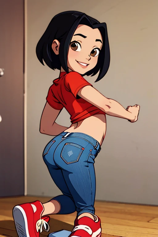 jadechan, short black hair, brown eyes, blue jeans pants, Red sneakers, looking at viewer, shy, masterpiece, full length, ass, tilted, happy smiling, flat torso, naked torso 