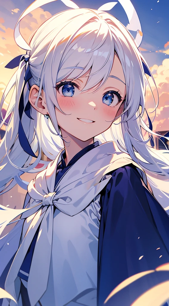 [[[ ultra-detailed, best quality, soft skin, beautiful]]], portrait, cerulean eyes, white hair, small, ribbon, regular robes, ruined village backdrop, smiling, blushing, fit body, ager, looking upwards,