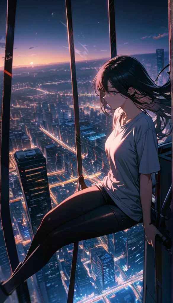 High resolution, Highest quality, high resolution, Super Fine, 16K, Incredibly absurd, Very detailed, Beautiful woman sitting on a trapeze suspended between two skyscrapers, Gazing into the distance, Wear a loose long T-shirt, Captivating look, Wind, Wind-effect, moonlit nightscape, (Nice views:1.1) , Clockpunk