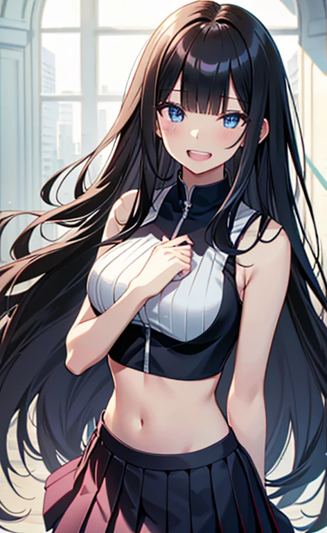 (masterpiece:1.4、top-quality、illustration:1.4,realistic、)、(character focus、breast focus,upper body:1.3)、(1girl),(Open mouth grin:1.3),(half closed eyes),cute face,blue eyes、()、
,(stand:1.4),(Shining smile),
,(slender),(sleeveless white crop top,very short pleated miniskirt:1.3),
(black long hair:1.6,blunt bangs,),(), (medium breasts:1.3)、
、slender、
