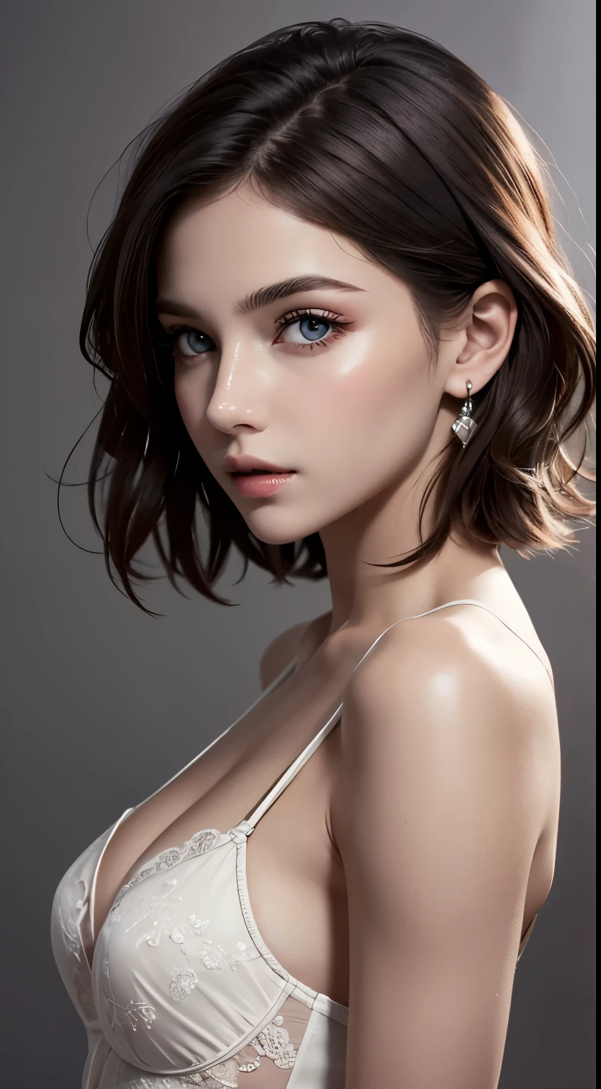 8K uhd、RAWphotograph、モデルphotograph撮影、 European race、(masterpiece、highest quality、Photorealistic、High resolution、photograph:1.3)、Close-up、Focusing、Hot Model、slim、30 year old mature woman、Small face、No makeup、Short Hair、Dark Brown Hair、Fine beautiful eyes、Realスキン、(perfect body)、Sexy hot face、Erotic、Sexual gaze、slim、Detailed beautiful eyes、Glossy lips、Small breasts、Small breasts、Bust B cup、Bright light、Real、超Real、 realism、Realなディテール、Cool beauty、Cool pose、Background gray、Plain grey background