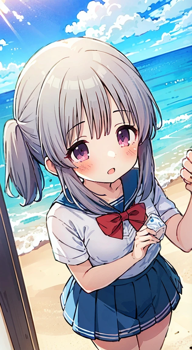 masterpiece, best quality, (anime screencap:1.3),(illustration), cute,(simple:1), (anime:1.2),solo sharp focus, 1girl, cleavage,looking at viewer, japan,beach,silver hair,((mini skirt)),standing, twin tail,summer ,((High School uniform)),