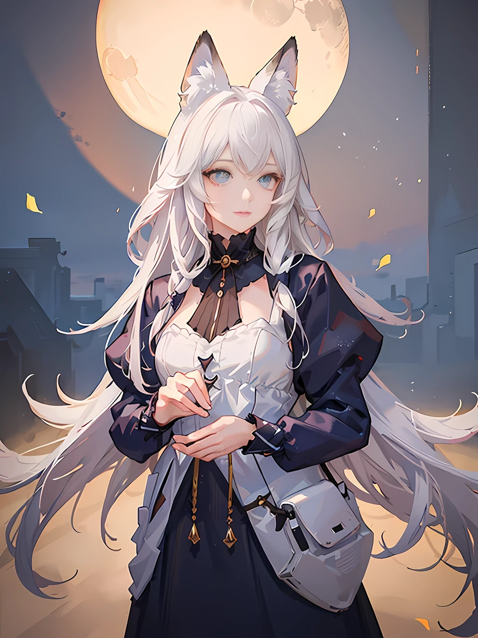 1girl,white fox girl,fluffy fox ears,big fluffy tail,simple adventurers clothing,holding phone,simple background,(best quality,4k,8k,highres,masterpiece:1.2),ultra-detailed,(realistic,photorealistic,photo-realistic:1.37),beautiful detailed eyes,beautiful detailed lips,extremely detailed eyes and face,long eyelashes,illustration,vivid colors,soft pastel color palette,soft lighting