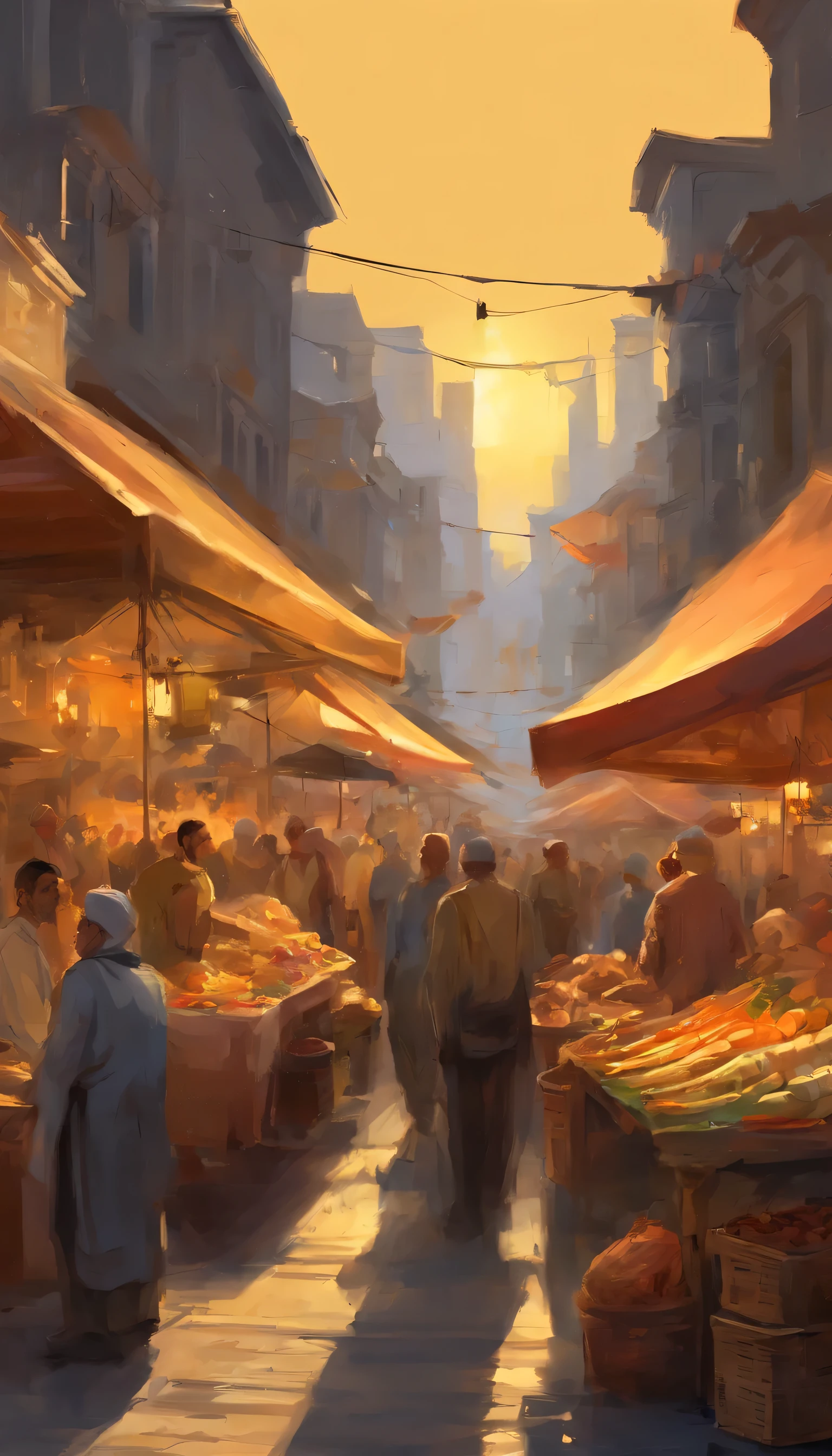 Generate an oil painting illustrating the energy of a bustling busy street market, with vendors, shoppers, and colorful goods, all bathed in the golden glow of sunset