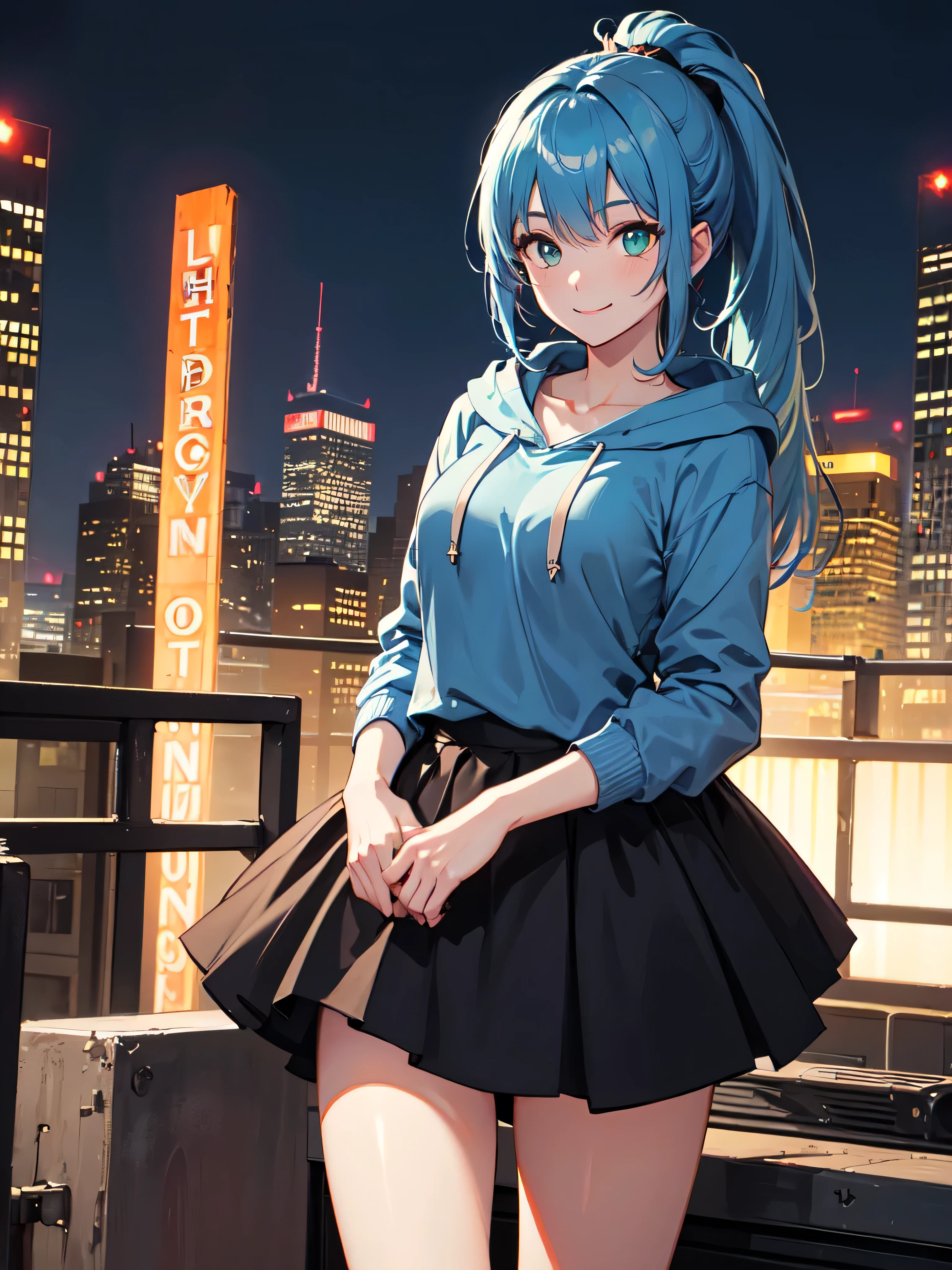 1 girl, Long Blue Hair、Left ponytail, Green eyes with elongated pupils, Small breasts, masterpiece, highest quality, Proportional body, Proportional, Pulling up the hood of a short blue hoodie, Checked skirt, Late at night, Moonlit Night, A rooftop overlooking the city, Moonlit night sky, Photon Mapping, Radio City, Glowing Skin, Sexy look, Make eye contact with the camera, (Light_smile:1.5), (Detailed hands and fingers:1.2)