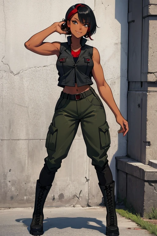 female, black hair with red highlights, hazel eyes, dark skin, (((1girl))), (((black sleeveless military vest))), (red tank top), (dark green cargo pants), (black combat boots), cute and sexy, full body, large breasts, large butt, long legs, smiling