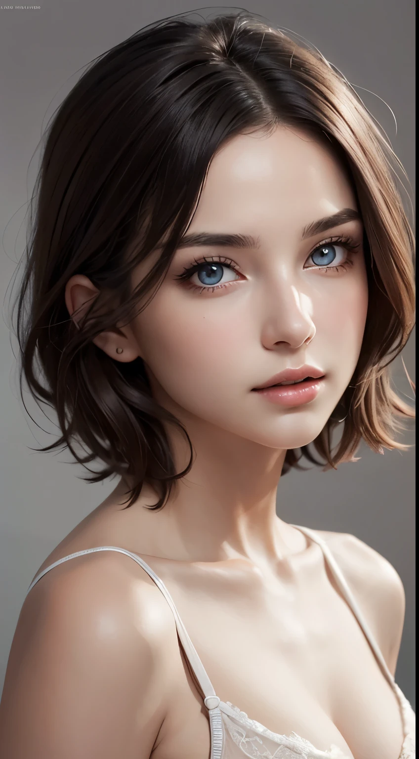8K uhd、RAWphotograph、モデルphotograph撮影、 European race、(masterpiece、highest quality、Photorealistic、High resolution、photograph:1.3)、Close-up、Focusing、Hot Model、slim、30 year old mature woman、Small face、No makeup、Short Hair、Dark Brown Hair、Fine beautiful eyes、Real Skin、(perfect body)、Sexy hot face、Erotic、Sexual gaze、Detailed beautiful eyes、Glossy lips、Small breasts、Small breasts、Bust B cup、Bright light、Dynamic lighting、realism、Realistic details、Cool beauty、Cool pose、Background gray、Plain grey background