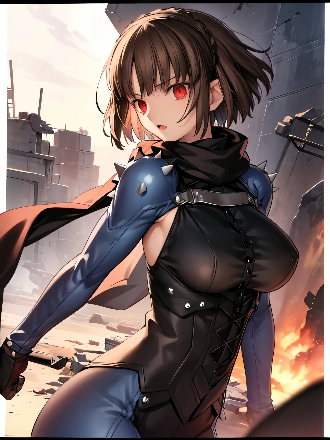 masterpiece,highest quality,(Super detailed),masterpiece,Depth of written border,Perfect Sentence, Detailed CG,Very detailed,(Highly detailed eyes,Very cute face,Highly detailed face:1.3),Beautiful Anime Girls,(Solo Girl:1.5),(Super huge boobs),break,(Glare),Open your mouth,View Viewer,makoto nijima, blunt bangs, braid, brown hair, crown braid, (red eyes:1.3), short hair,biker clothes, bodysuit, gloves, knee boots, scarf, shoulder spikes, spikes, Fighting Pose,Dynamic Angle,Collapsed Ruins,Messy rubble,Moonlight shining