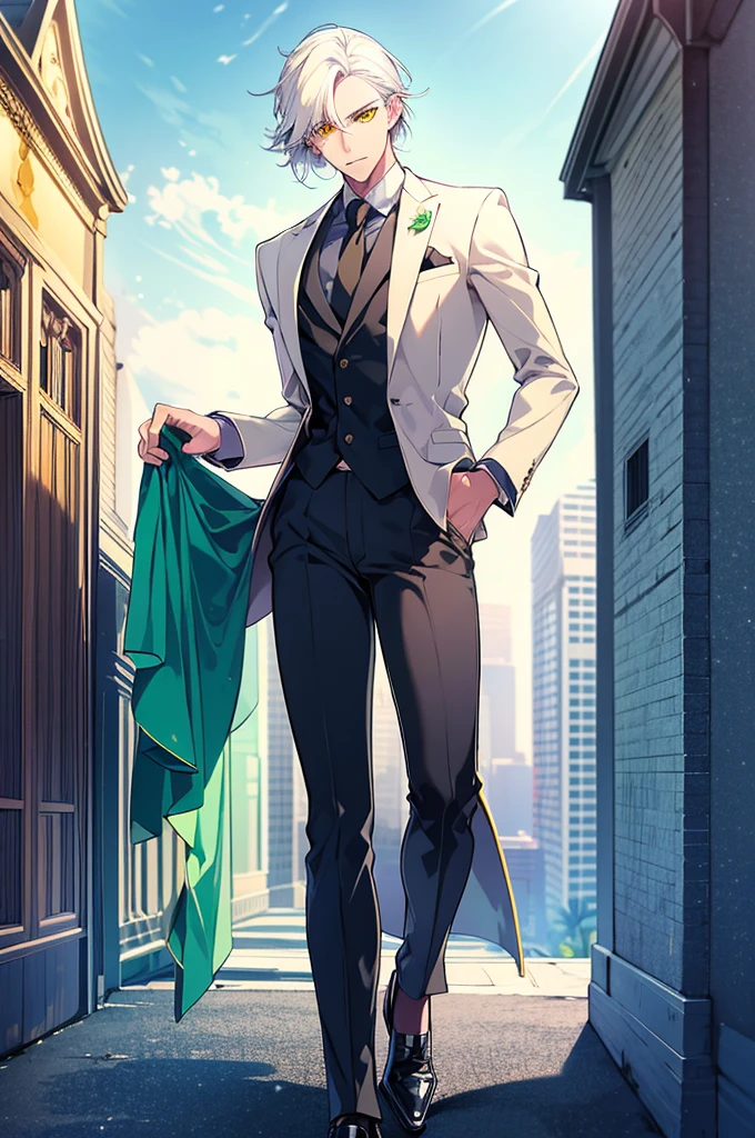 1 man, white hair, yellow eyes, green formal suit, standing on ground, high res, ultra sharp, 8K, masterpiece