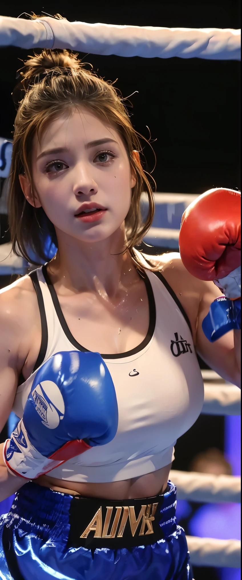 Boxing match, ((masterpiece, highest quality, Best image quality, High resolution, Realistic, RAW Photos, 8k)), ((Highly detailed CG synthesis 8k wallpaper)), (Huge and stunning goddess shot, Very hot and sexy, Incredible beauty, Perfect Proportions, Beautiful body, Slim body beauty:1.4), Female Boxers, Two fighters punching each other in the ring, Wear a sports bra, trunks, Boxing gloves and boots, Sweat splashed, Sweatrunning, Wet body, Intense Combat, (View from below),