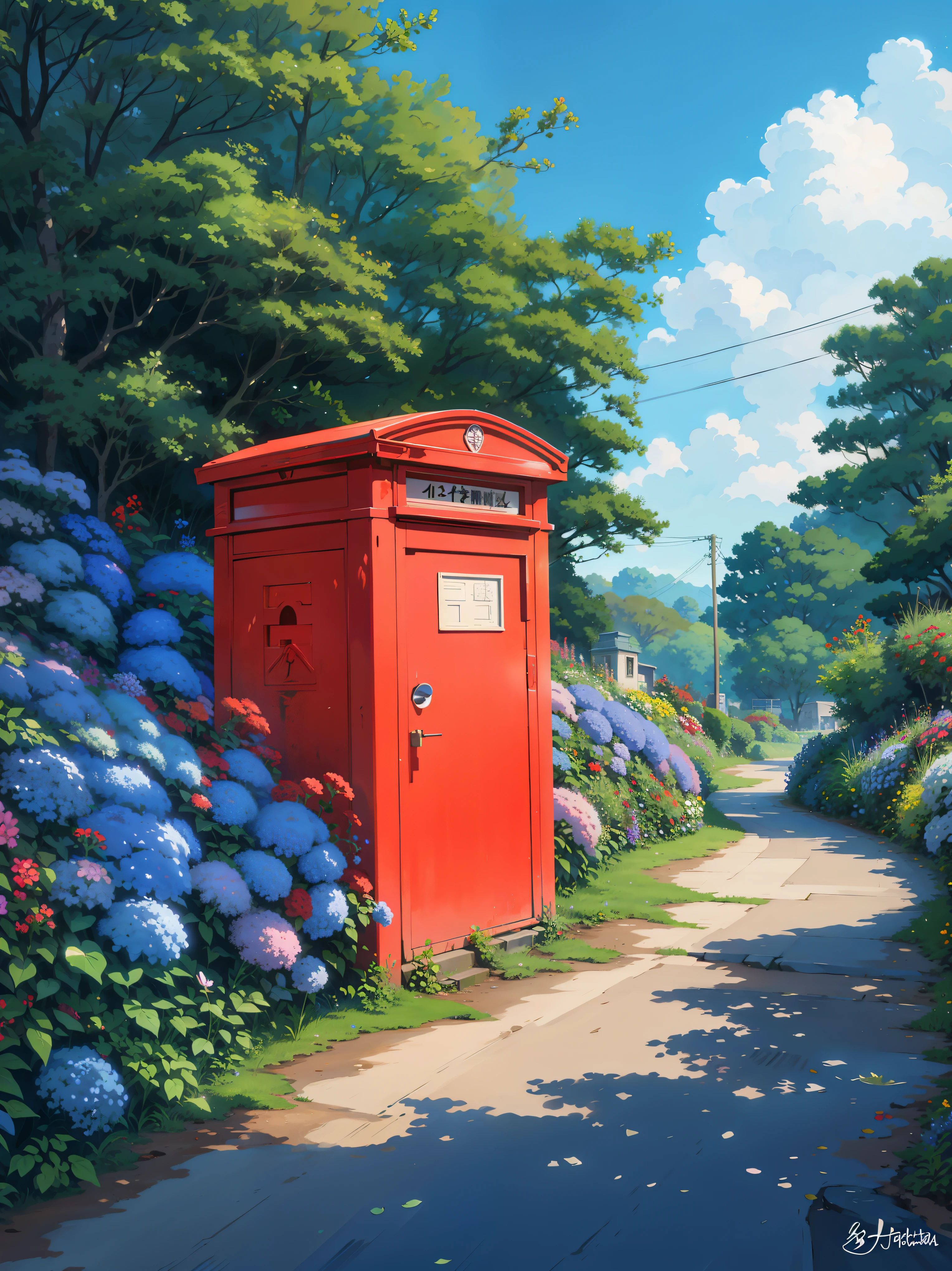 a painting of a red post box roadside surrounded by blue flowers, trees, plants, greenery, multicolored flowers, dirt road, letterbox, ghibli studio art, blue wall, studio ghibli environment, by Shin Yun-bok, hydrangea, postage, wall ], postapo, blue flowers, ghibli studio style, studio ghiblil, phthalo blue, by Kaii Higashiyama, detailed key anime art, illustation, a beautiful artwork illustration, beautiful digital painting, highly detailed digital painting, beautiful digital artwork, detailed painting 4 k, very detailed digital painting, rich picturesque colors, gorgeous digital painting