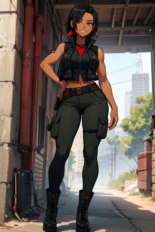 female, black hair with red highlights, hazel eyes, dark skin, (((1girl))), (((black sleeveless military vest))), (red tank top), (dark green cargo pants), (black belt), (black combat boots), cute and sexy, full body, large breasts, large butt, long legs, smiling