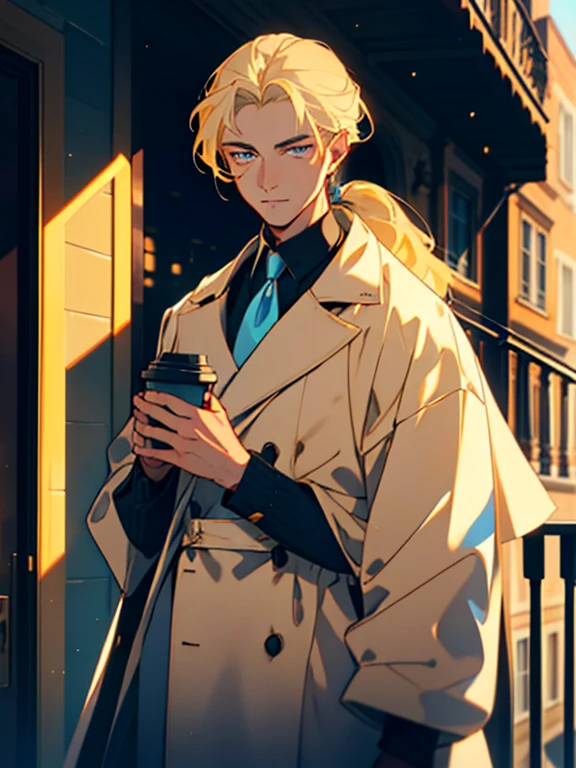 A handsome, Tall and elegant man,Young person,A blonde long-haired,Low ponytail,holding coffee,Wear a luxurious coat,Coffee on the balcony,the street,Handsome young man,blue color eyes
,Like a model