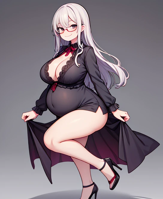A pregnant vampire girl with a smug face, thick thighs, high heels and glasses. ((Full body))