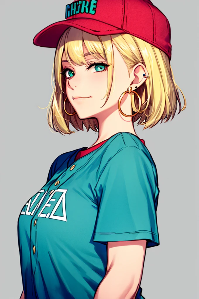 neoartcore, 1girl, masterpiece, best quality, 1girl, aqua eyes, baseball cap, blonde hair, closed mouth, earrings, green background, hat, hoop earrings, jewelry, looking at viewer, shirt, short hair, simple background, solo, upper body, yellow shirt