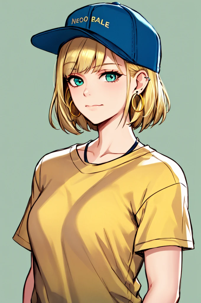 neoartcore, 1girl, masterpiece, best quality, 1girl, aqua eyes, baseball cap, blonde hair, closed mouth, earrings, green background, hat, hoop earrings, jewelry, looking at viewer, shirt, short hair, simple background, solo, upper body, yellow shirt