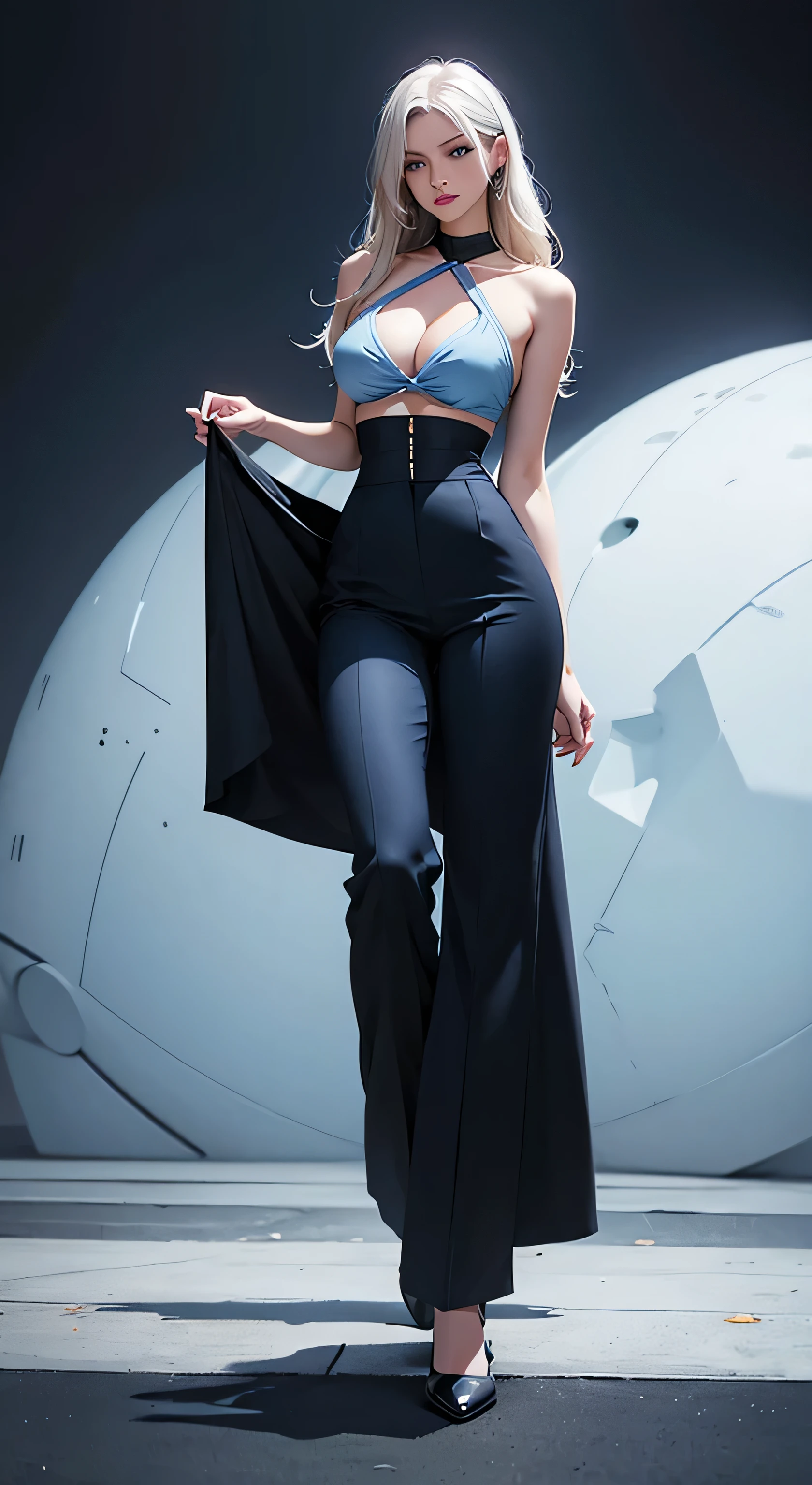 russian beautiful girl in dark blue and white simple top, small cleavage line, medium breast, beautiful blue eyes, puffy breast, medium , full black bell bottom pant, bellbottom, high waist, Elastic Flared Bootcut Pants, High Waist Bell Bottom Trouser, open from bottom, full pic