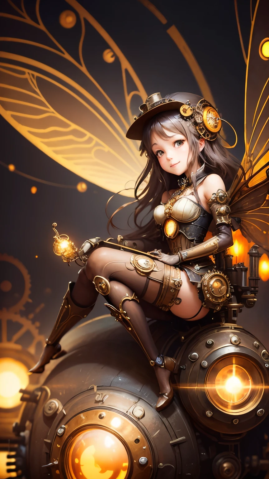 steampunkai。One Girl。Mechanical fairy。(smile)。(Close ~ eyes)。Floating in the air。Full body portrait。