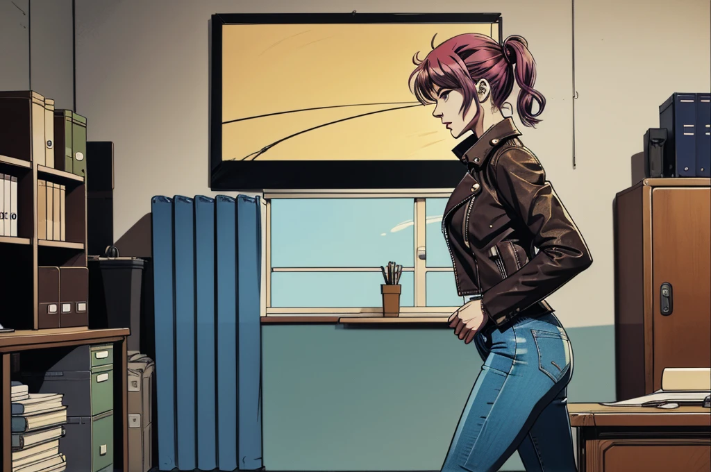 vector image, 2d cartoon,masterpiece, An anime 1woman,colored hair,tight sexy jeans,leather jacket, heels, in empty office, heels, side view, sexy walking, full body, full frame