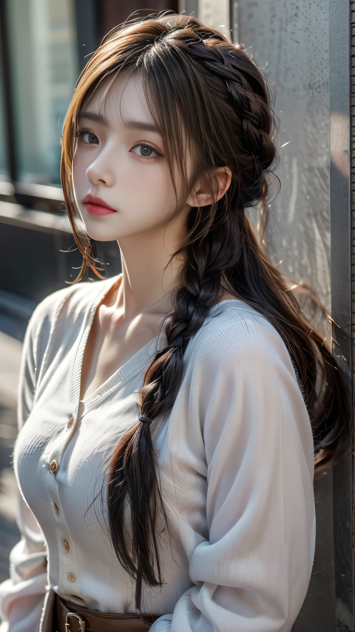 highest quality, masterpiece,Gray Hair, Golden Eyes,White clothes, look up, Upper Body,hair,Fair skin,Side braid