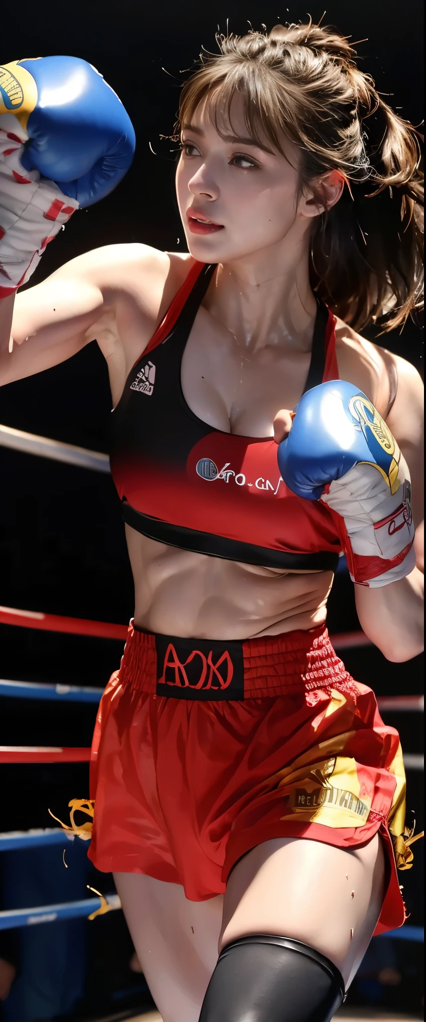 Boxing Match, ((masterpiece, highest quality, Highest image quality, High resolution, photorealistic, Raw photo, 8K)), ((Extremely detailed CG unified 8k wallpaper)), (huge stunning goddess shot, very hot and sexy, jaw-dropping beauty, perfect proportions, beautiful body, slim body beauty:1.4), Female boxers, two athletes beating each other in the ring, wearing sports bras, trunks, boxing gloves and boots, sweat splattered, Sweat running, wet body, intense fighting, (View from below), SFW,