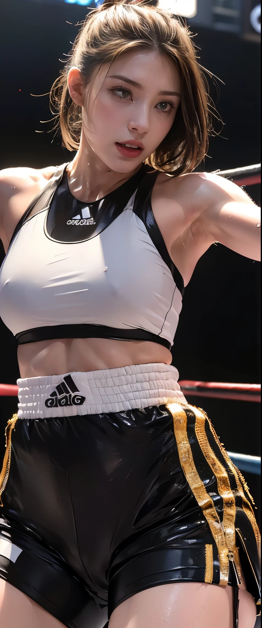 Boxing Match, ((masterpiece, highest quality, Highest image quality, High resolution, photorealistic, Raw photo, 8K)), ((Extremely detailed CG unified 8k wallpaper)), (huge stunning goddess shot, very hot and sexy, jaw-dropping beauty, perfect proportions, beautiful body, slim body beauty:1.4), Female boxers, two athletes beating each other in the ring, wearing sports bras, trunks, boxing gloves and boots, sweat splattered, Sweat running, wet body, intense fighting, (View from below), SFW,