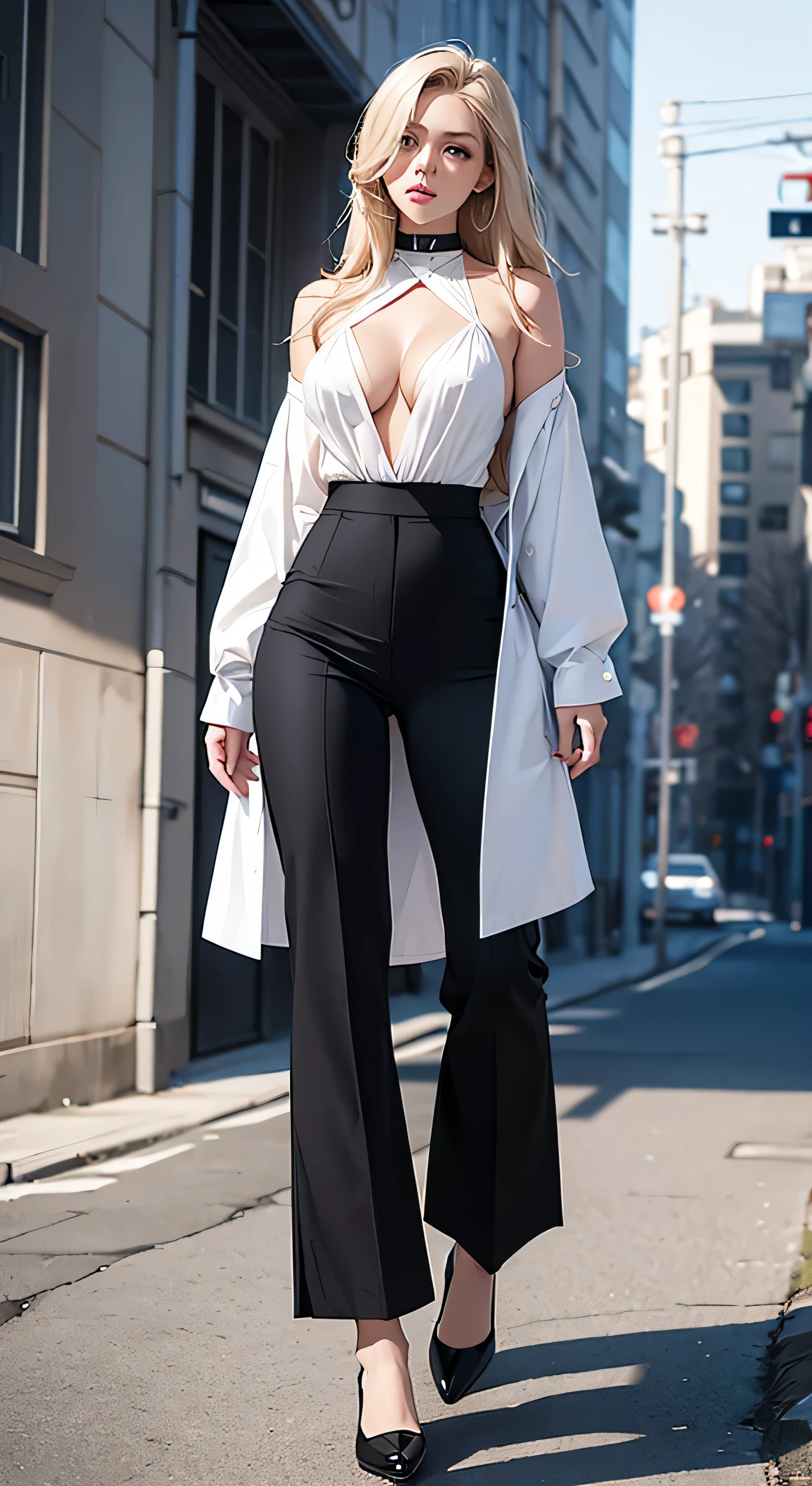 russian beautiful girl in white professional top, small cleavage line, medium breast, beautiful blue eyes, medium  , full black bell bottom pant, bellbottom, high waist, Elastic Flared Bootcut Pants, High Waist Bell Bottom Trouser, open from bottom, full pic, professional look
