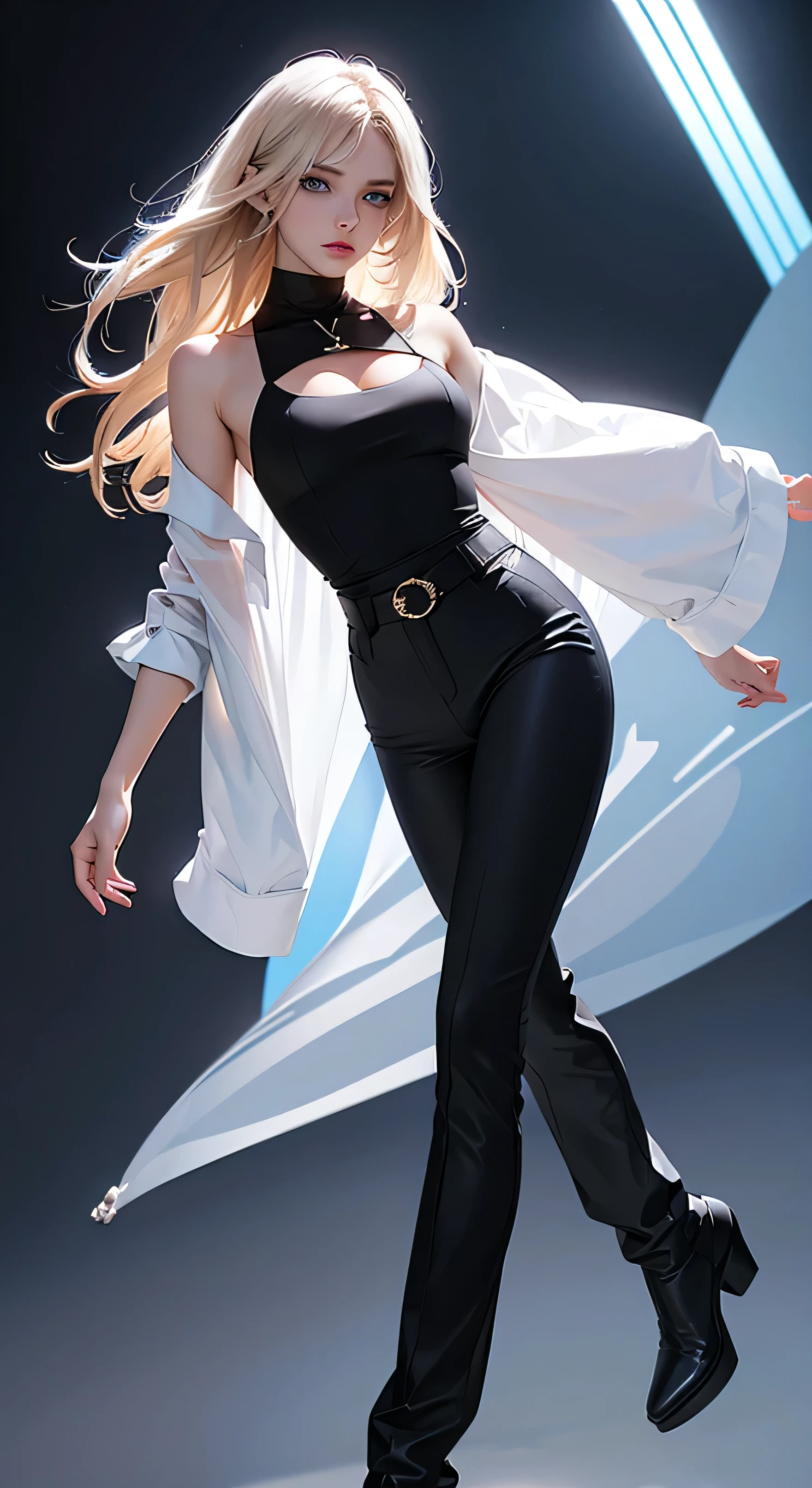 russian beautiful girl in white professional top, small cleavage line, medium breast, beautiful blue eyes, medium , full black bell bottom pant, bellbottom, high waist, Elastic Flared Bootcut Pants, High Waist Bell Bottom Trouser, open from bottom, full pic, professional look