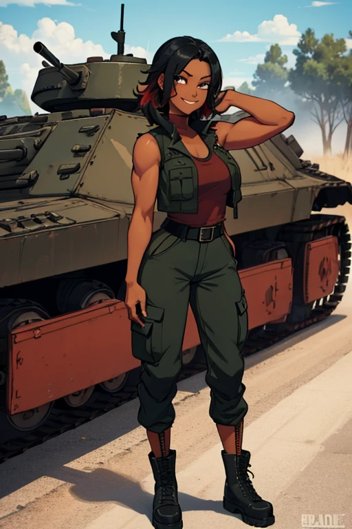 female, black hair with red highlights, hazel eyes, dark skin, (((1girl))), (((black sleeveless military vest))), (red tank top), (dark green cargo pants), (black belt), (black combat boots), cute and sexy, full body, large breasts, large butt, long legs, smiling, slightly muscular