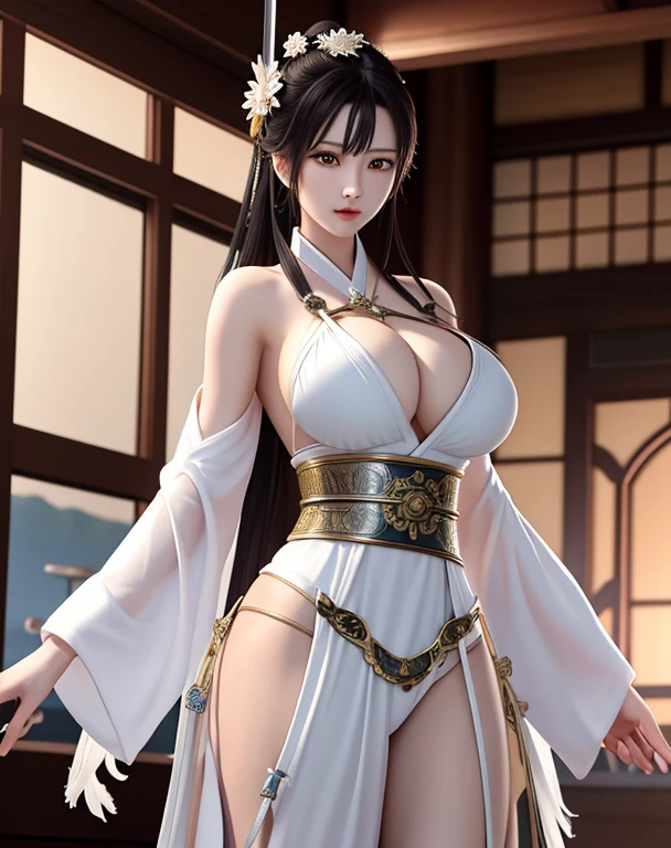 Dual Wielding, swordsman, warrior, three swords, Two-handed swords, Sword at waist, beautiful girl, , Huge sexy breasts,Showing cleavage， Sexy big ass, Mature female, Sculptural figure, Sexy body, White skin, Beautifully, kimono, Bikini, T-back, violent,