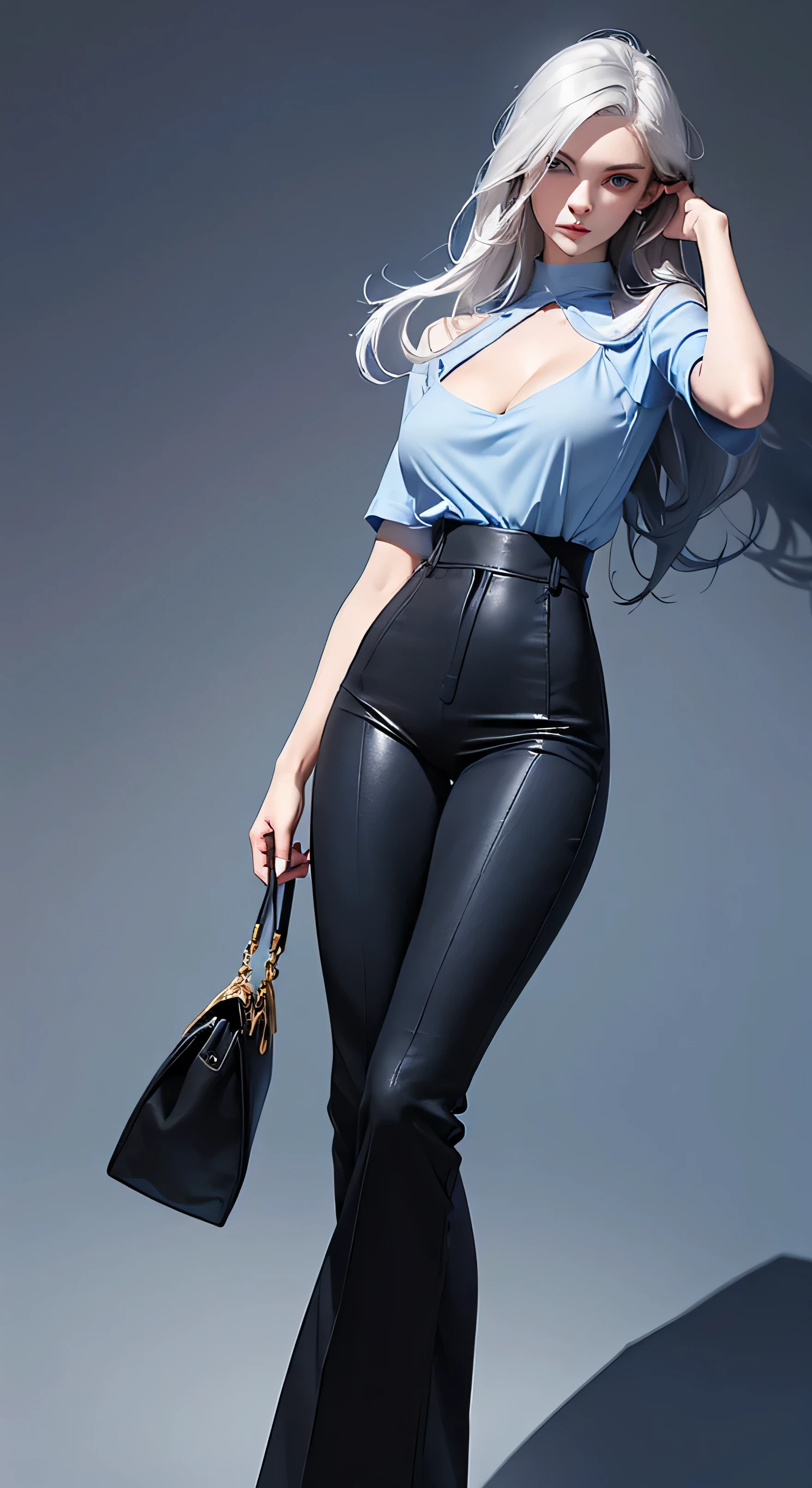 russian beautiful girl in dark blue and white simple top, medium breast, beautiful blue eyes, puffy breast, medium , full black bell bottom pant, bellbottom, high waist, Elastic Flared Bootcut Pants, High Waist Bell Bottom Trouser, open from bottom, full pic, professional girl, professional look, simple