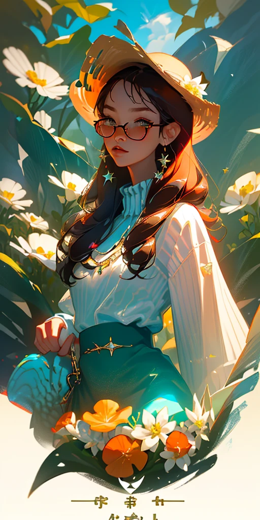 （best qualtiy，tmasterpiece），poster for，Composed of three sevens，underwater photography，Girl half-face avatar，up-close，Fish is a bird in water, painted into a picture, fantasy, Aesthetic,Girly art, Painting，solo，Very detailed eyes，starfish，sea shell，sea shell，florals，bucket-hat，hair adornments，jewely，Straw Hat Hat，looking at viewert，sun glasses，Cap flower，drinking straw，hair pin，耳Nipple Ring，Red flowers, Colored glasses, yellowflower, By bangs, English text, Colorful hair, Orange flowers, brunette color hair, Nipple Ring, Ccup, long whitr hair, orange-tinted eyewear, dining, brown  hair, sportrait, shell hair ornament