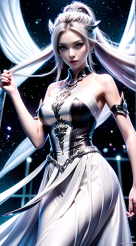 RAW, masterpiece, ultra thin photo, best quality, ultra high resolution, photorealistic, sunlight, full body portrait, incredibly beautiful, dynamic poses, delicate face, vibrant eyes, (side view), she is using a long medieval dress, (silvery dress:1.5), multicolored eyes, (blue hair:1.5), medieval city background, highly detailed abandoned, detailed face, detailed and complex busy background, gorgeous, milky white,  Highly detailed skin, realistic skin details, visible pores, sharp focus, volumetric mist, moonlight night, 8k UHD, DSLR camera, high quality, film grain, fair skin, photorealism, lomography, expanding metropolis in medieval dystopia, view from below, translucent