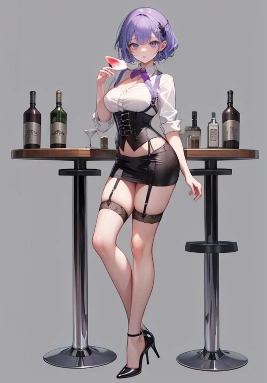 Purple Hair,Shortcuts,Adult female,(((bartender))),((Body Harness)),((Rolling up your sleevesYshirt)),(corset),mini skirt(Short skirt),((garter belt)),High heels,((Simple Background)),smile,((Full Body)),((full body)),((whole body)),Character Sheet,