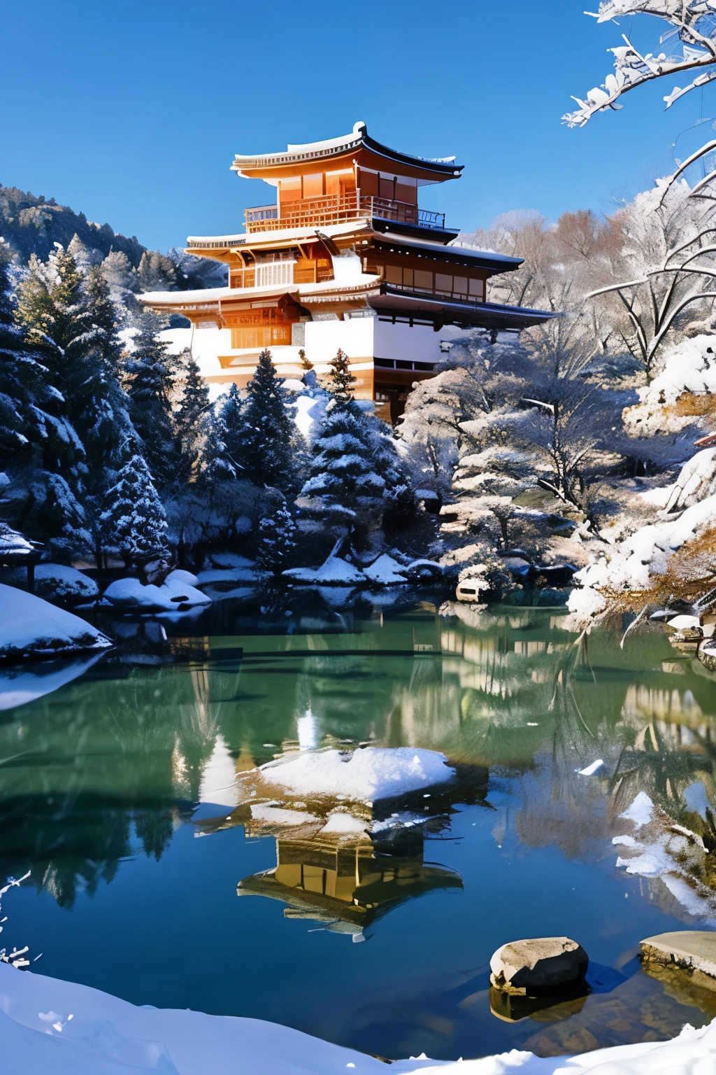 Snow Kinkakuji Temple、Snow-covered、Kinkakuji Temple reflected on the lake、